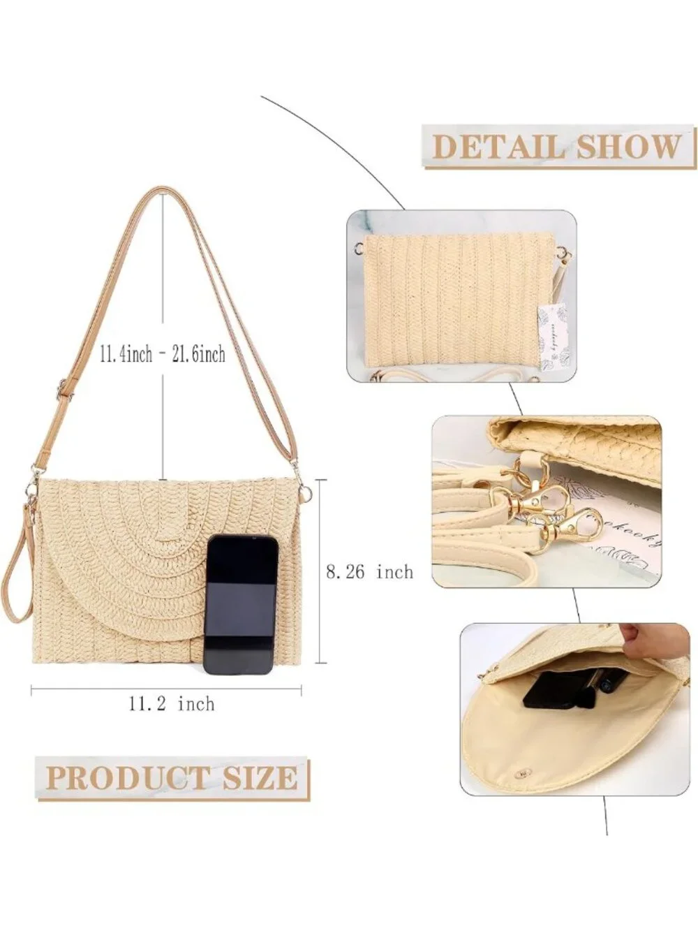 Woven Straw Clutch Handbag for Women - Summer Beach Purse, Stylish Envelope Bag